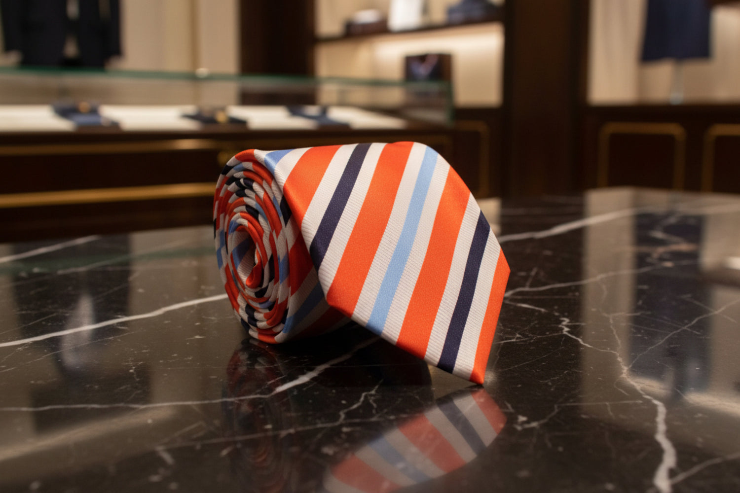 A White, Black, Orange, Light Blue Stripe Necktie 