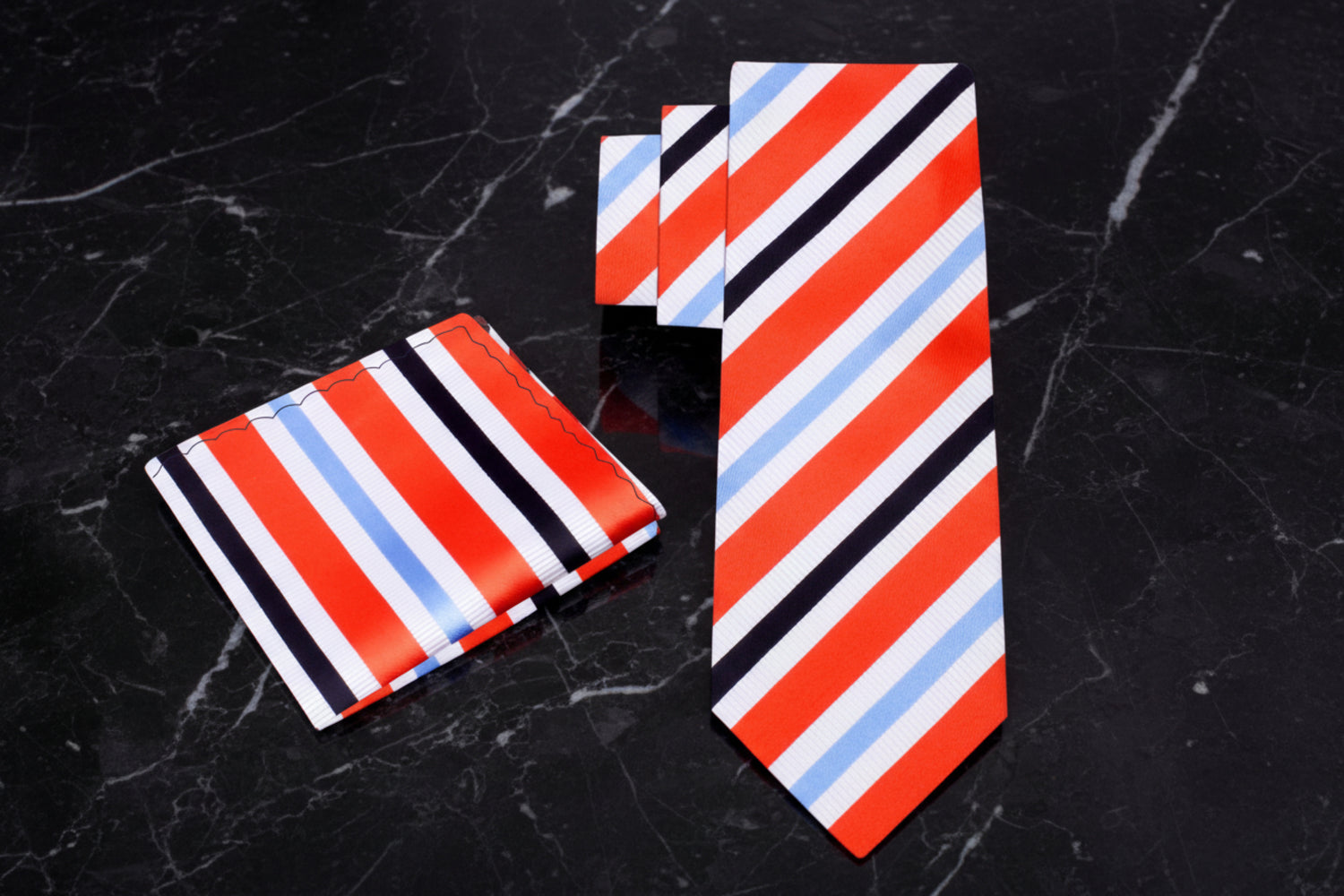 Alt View: A White, Black, Orange, Light Blue Stripe Necktie, Matching Pocket Square
