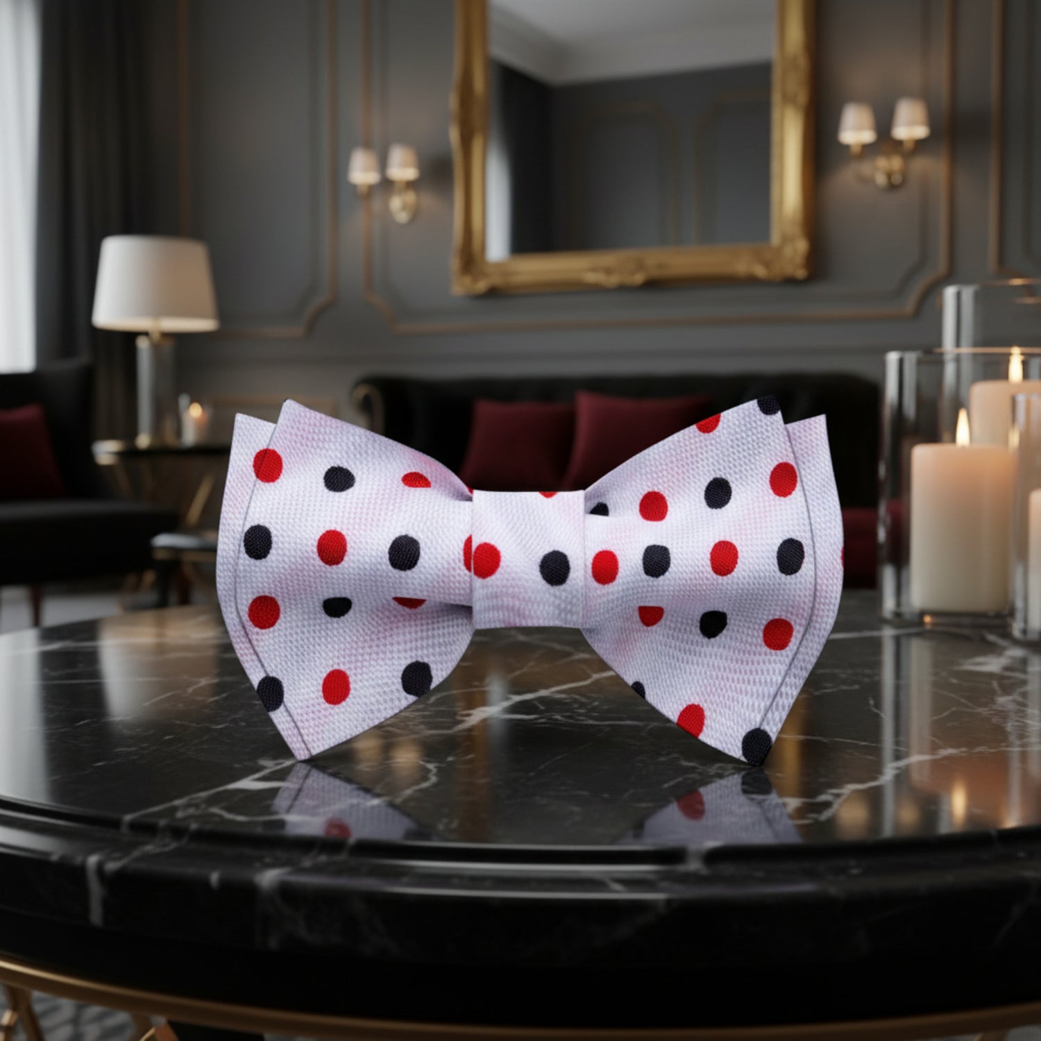 White, Red, Black Polka Bow Tie