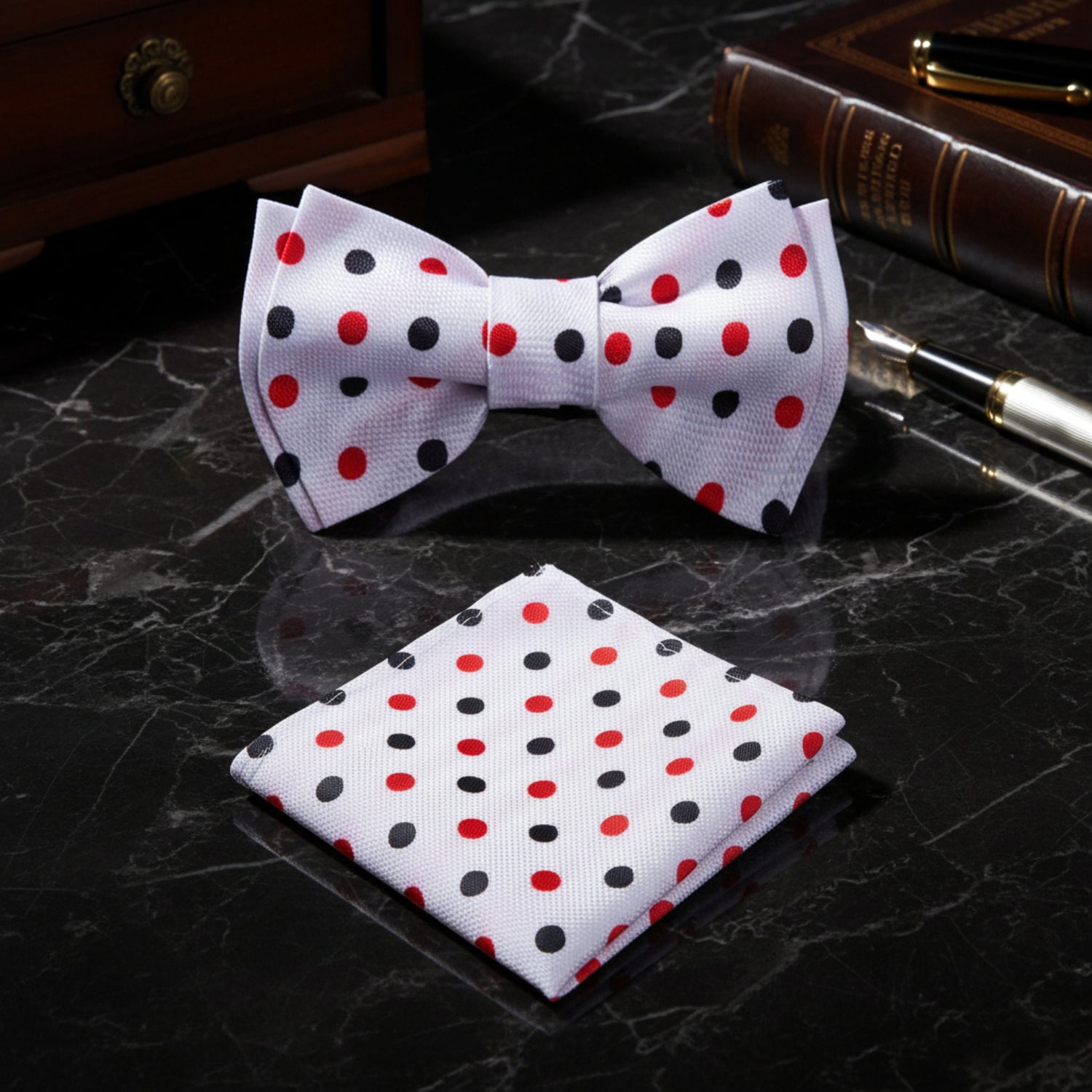 White, Red, Black Polka Bow Tie and Pocket Square