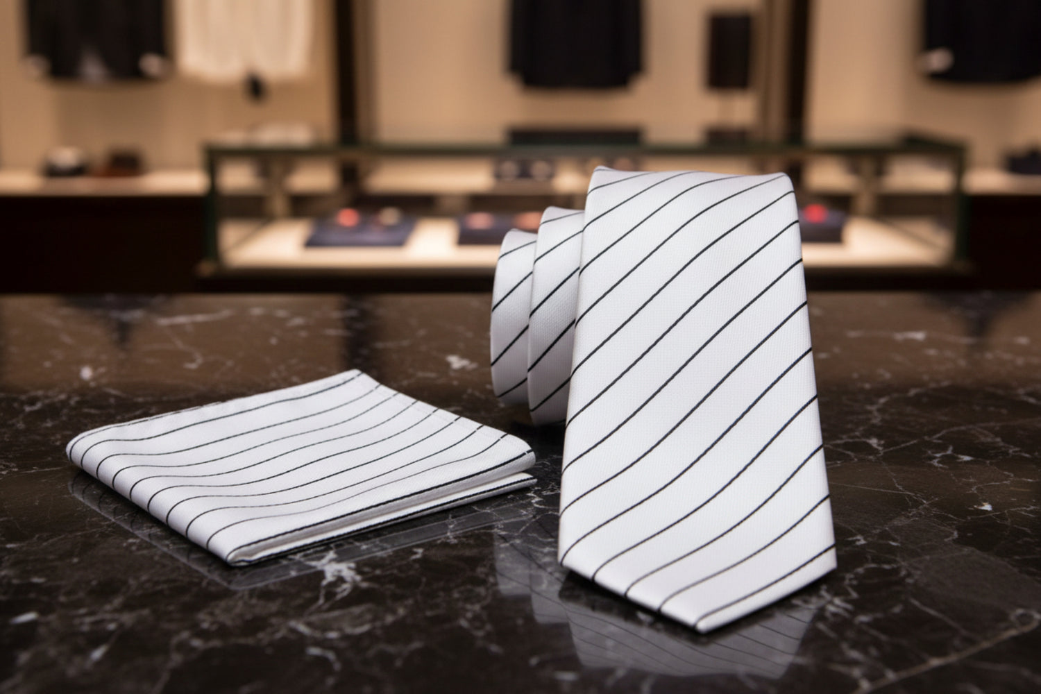 Alt View: A White, Black Stripe Pattern Necktie and Pocket Square