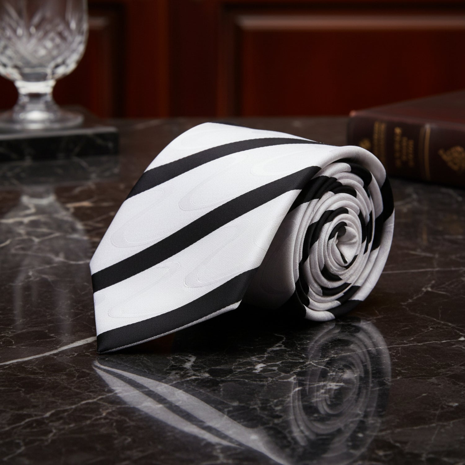 A White With Abstract Wave And Black Stripe Pattern Necktie 