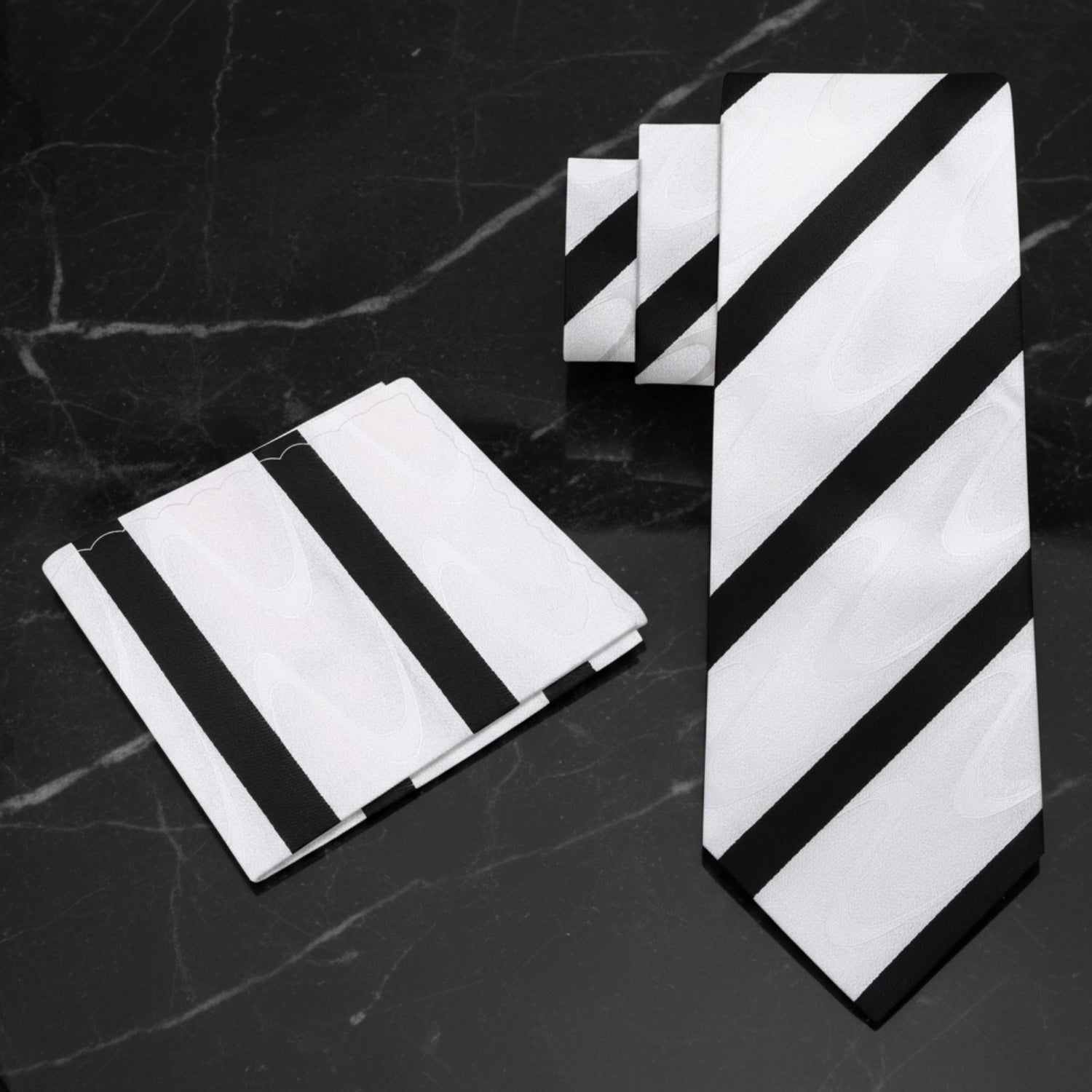 Alt View: A White With Abstract Wave And Black Stripe Pattern Necktie, Pocket Square
