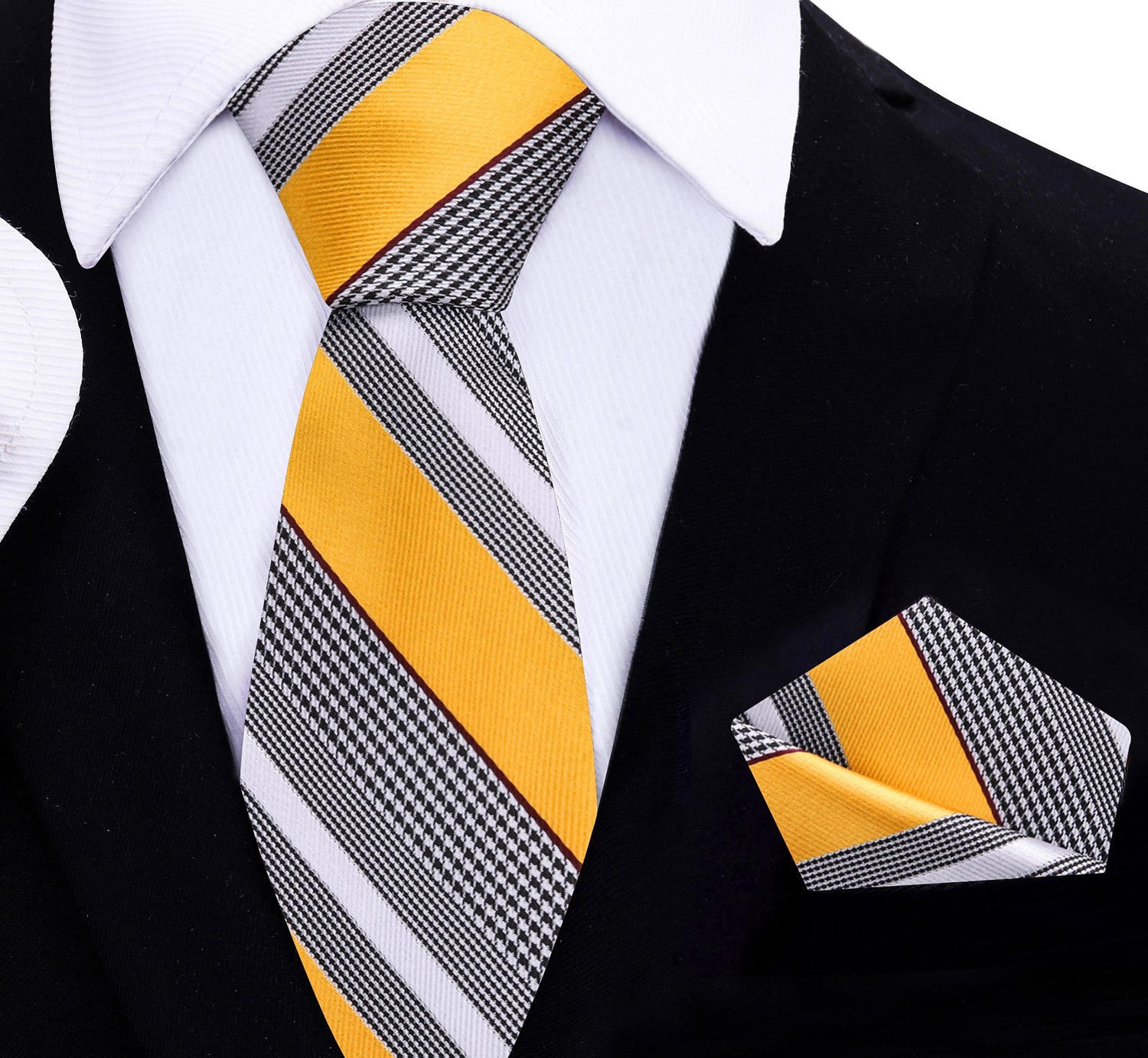 A Yellow, Grey, White Color Stripe Pattern Silk Thin Tie, Pocket Square