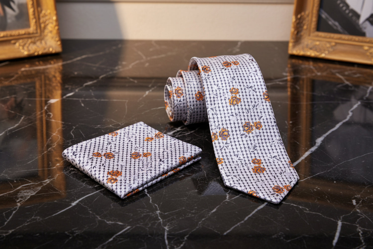 Alt View: A Grey, Gold Blossom Tie and Square