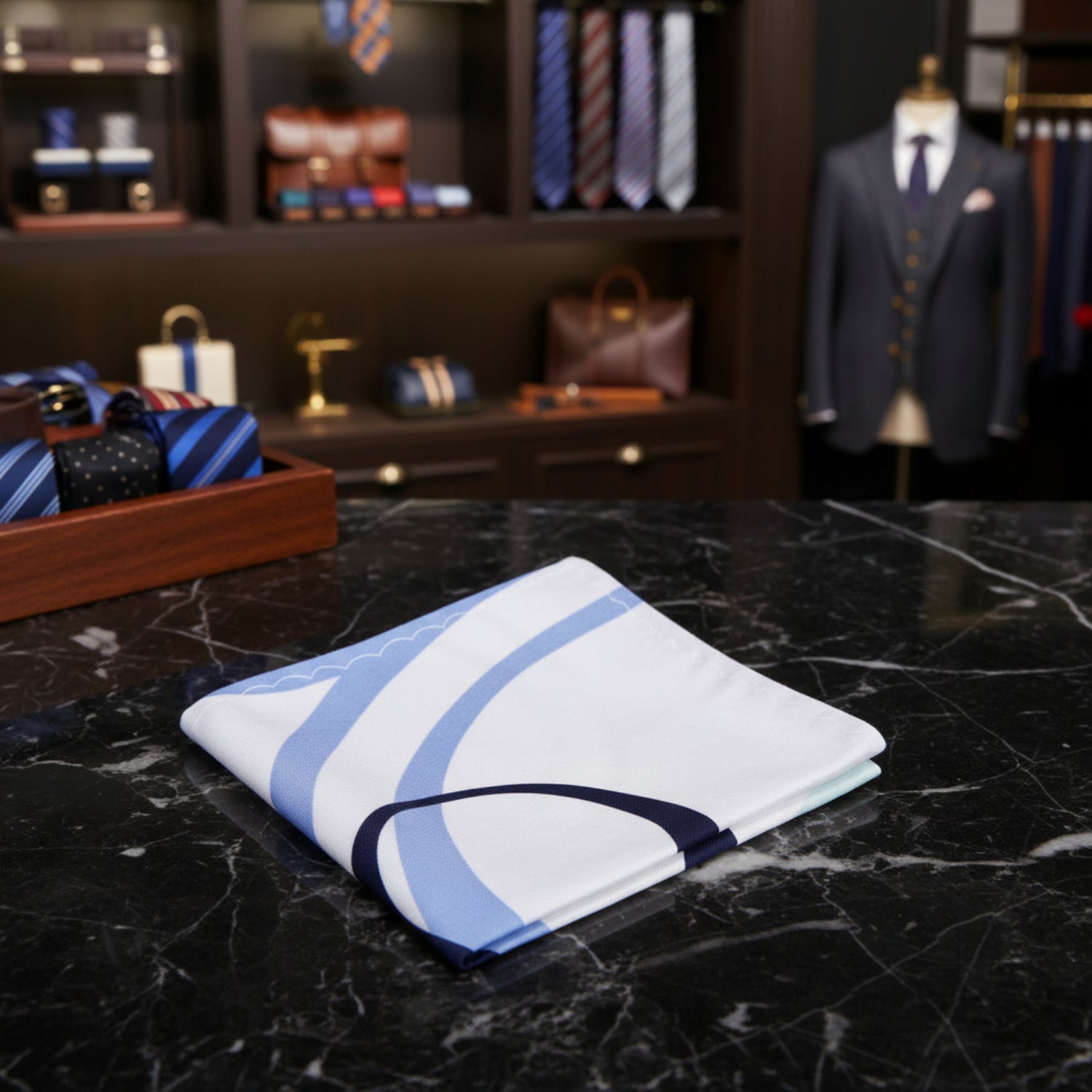 View 2: A Light Bone, Black, Pale Cactus, Steel Blue Color Abstract Pattern Pocket Square