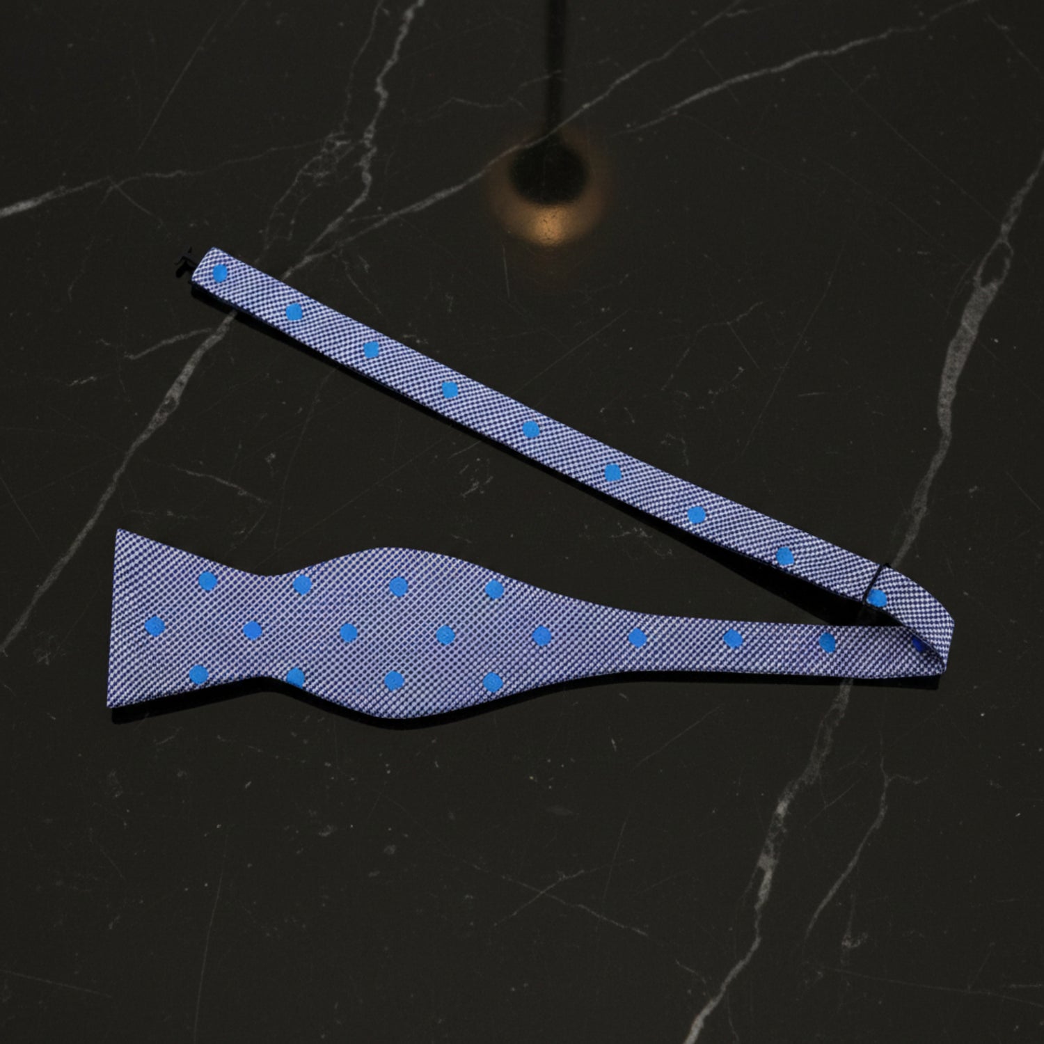 Untied: A Black, White, Blue Polka Dot Pattern Self Tie Bow Tie 