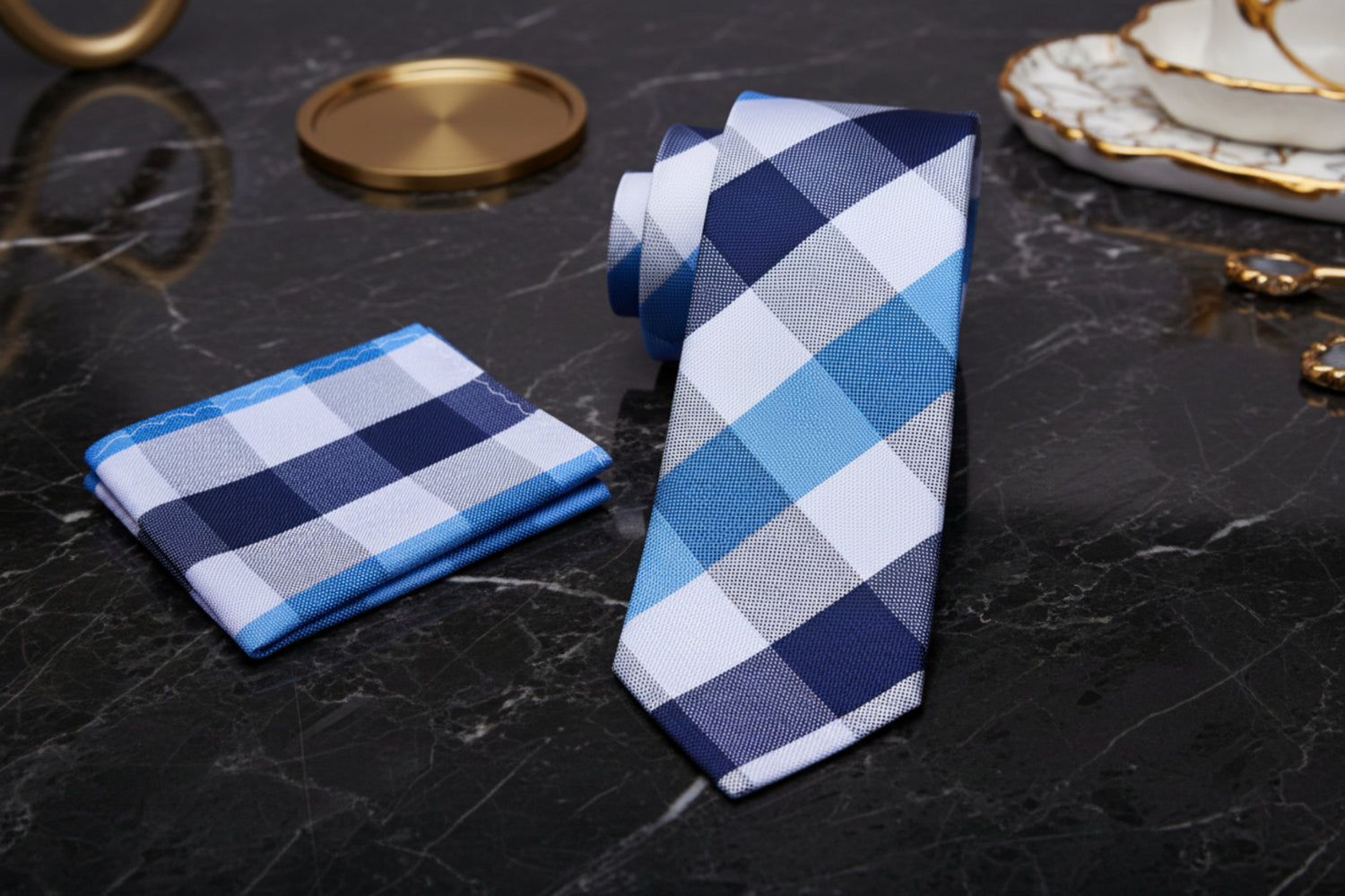 Alt View: A Blue, Light Blue, White Plaid Pattern Necktie, Matching Pocket Square