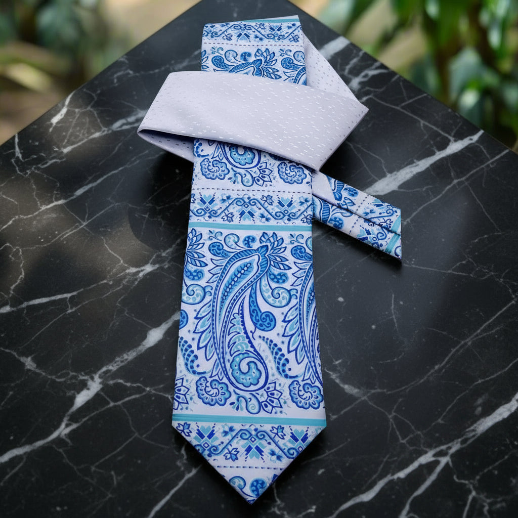 Light Blue, White Paisley Tie  