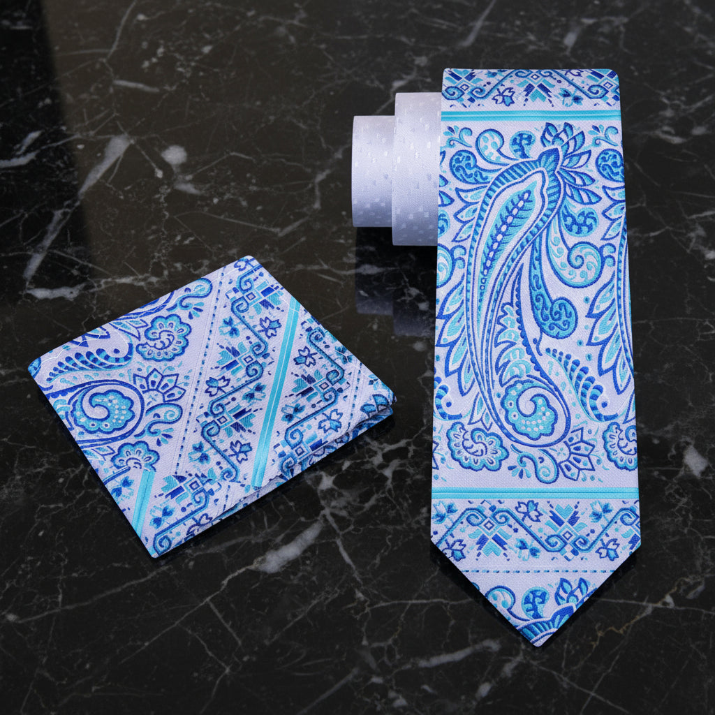 Alt View: Light Blue, White Paisley Tie and Pocket Square