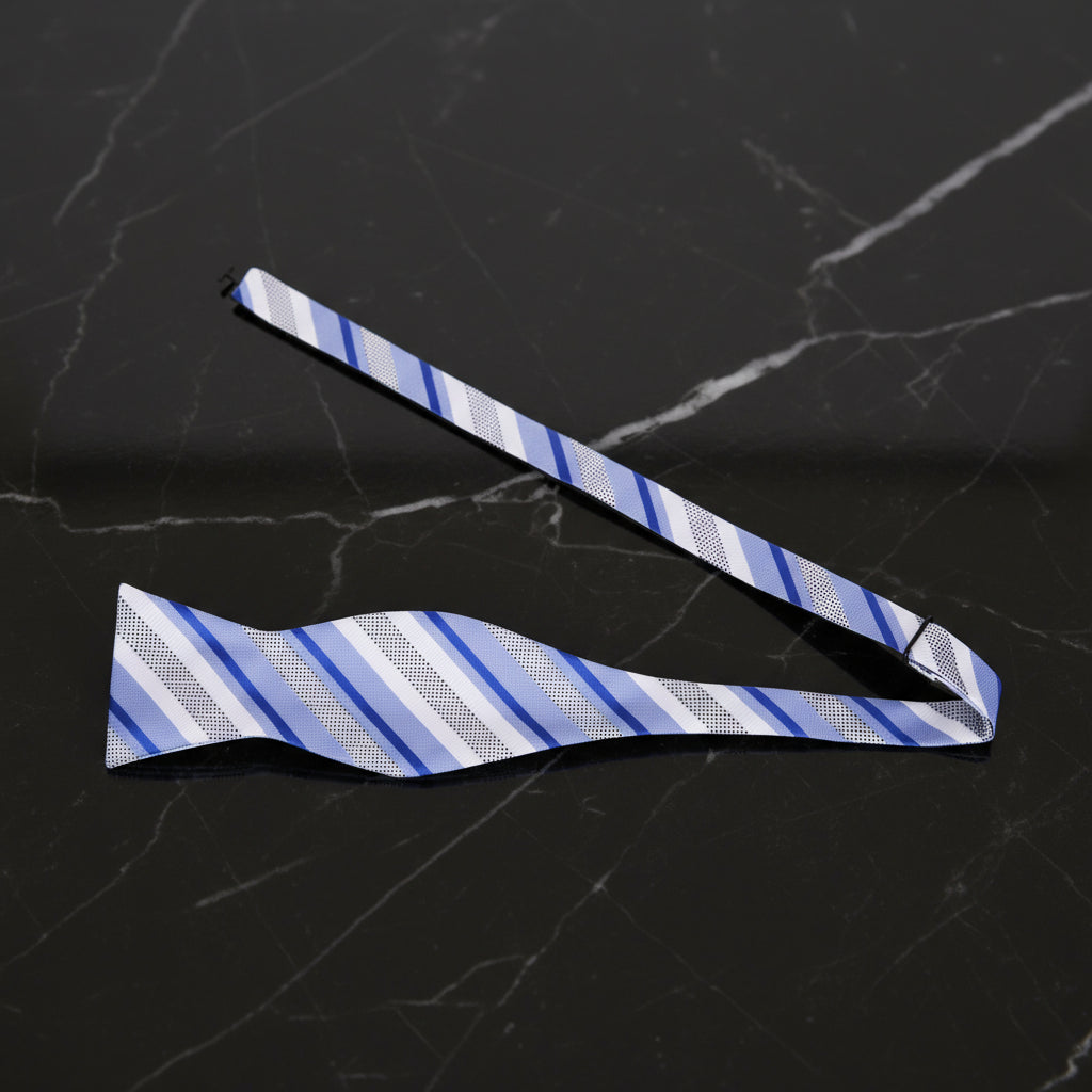  White, Light Blue, Blue Stripe Pattern  Self Tie Bow Tie Untied