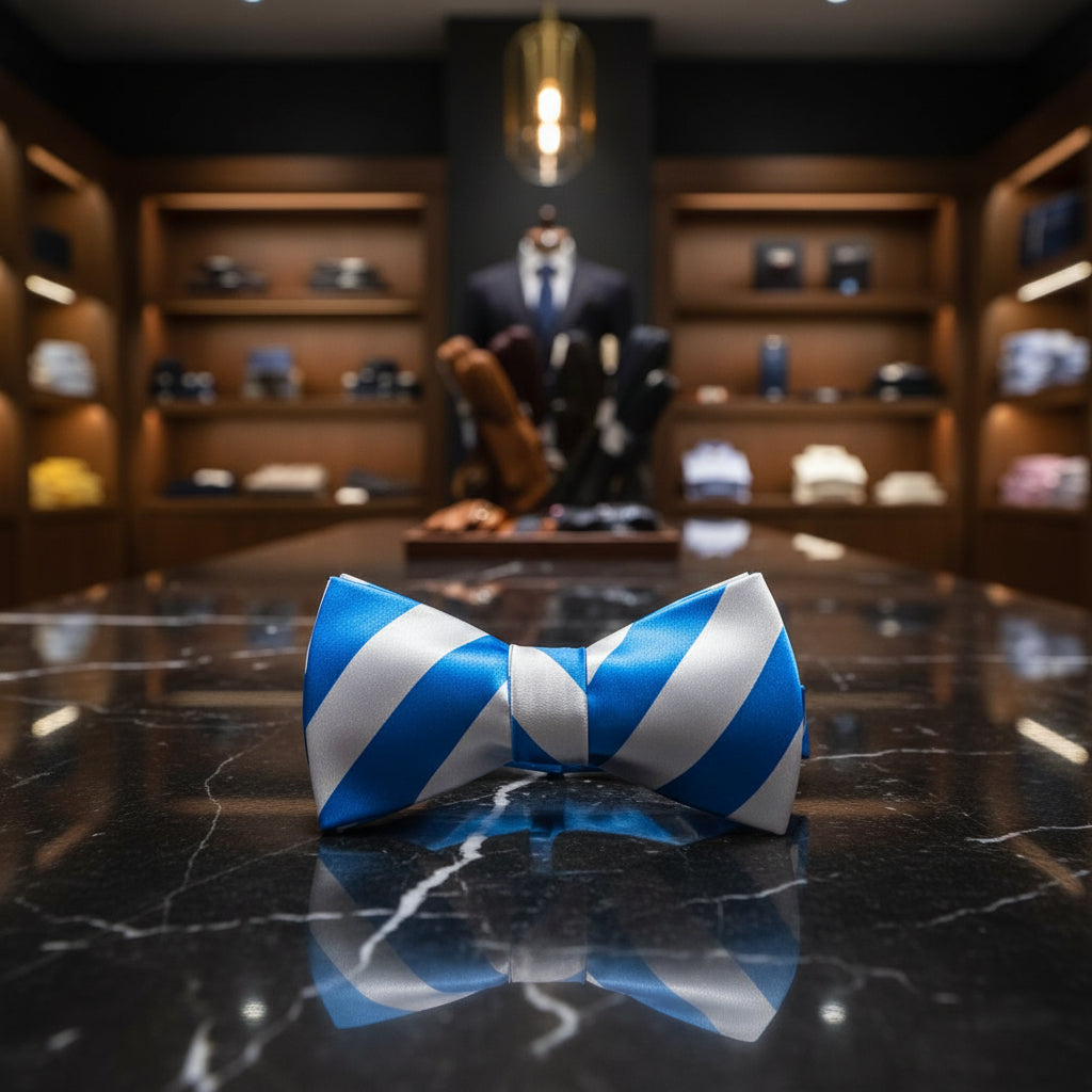 A White, Light Blue Stripe Pattern Self Tie Bow Tie