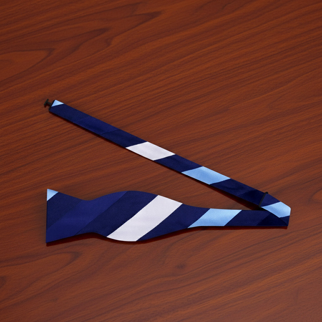 A Blue, White Stripe Pattern Silk Self Tie Bow Tie untied