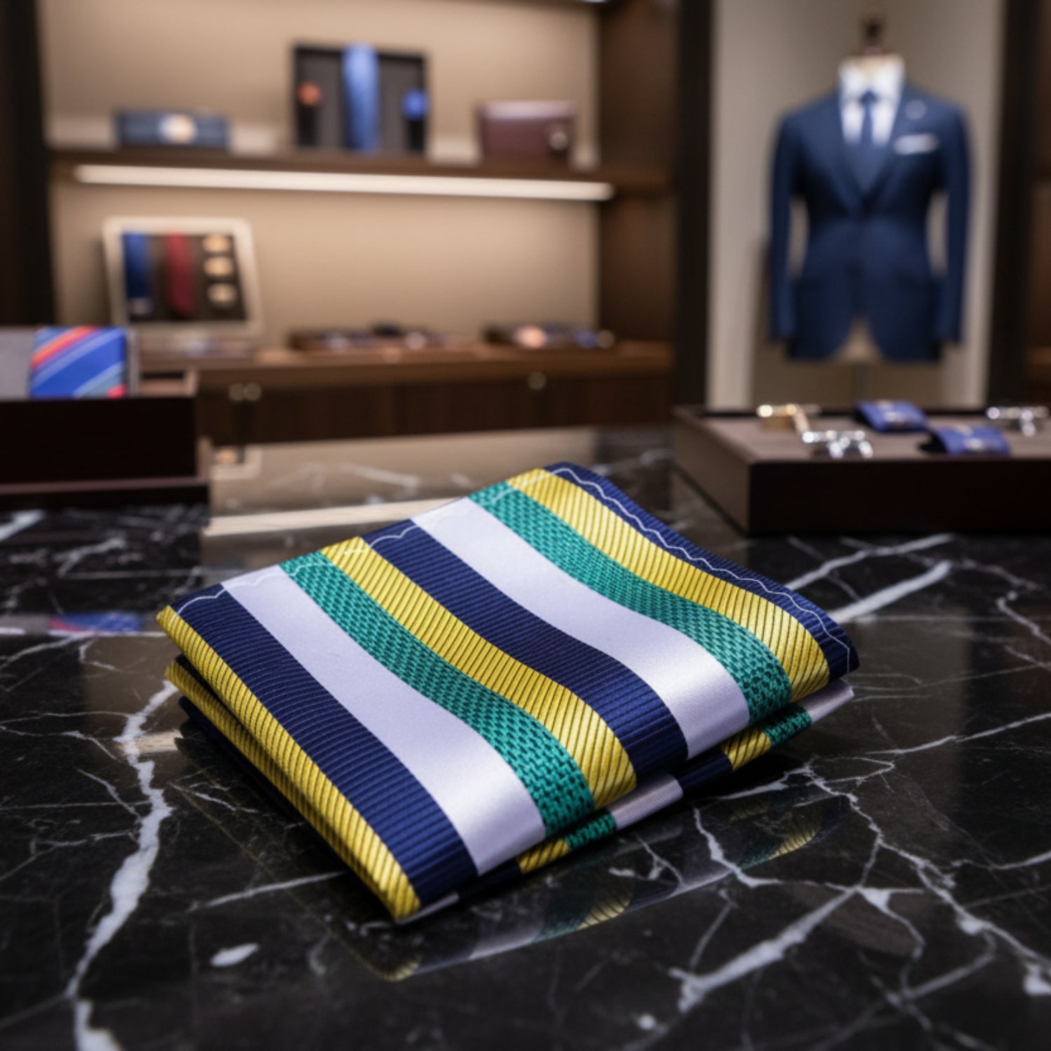 A Green, Blue, White Stripe Pattern Pocket Square