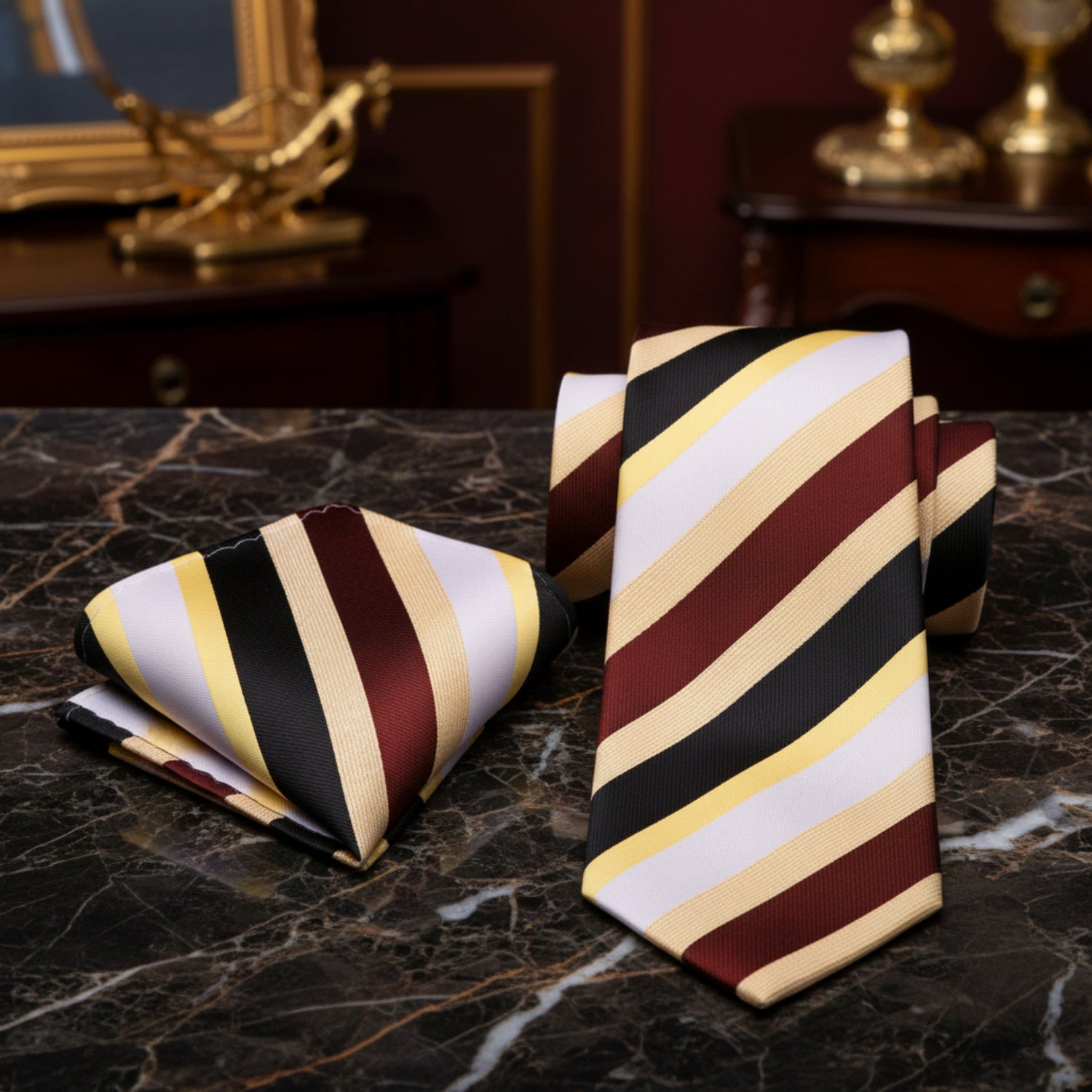 Alt View: A Cream, Brown, Black Stripe Pattern Necktie, Matching Pocket Square