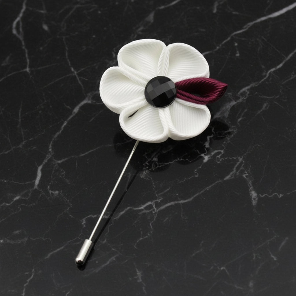 A White, Burgundy Colored Thick Petal Lapel Flower||White, Burgundy