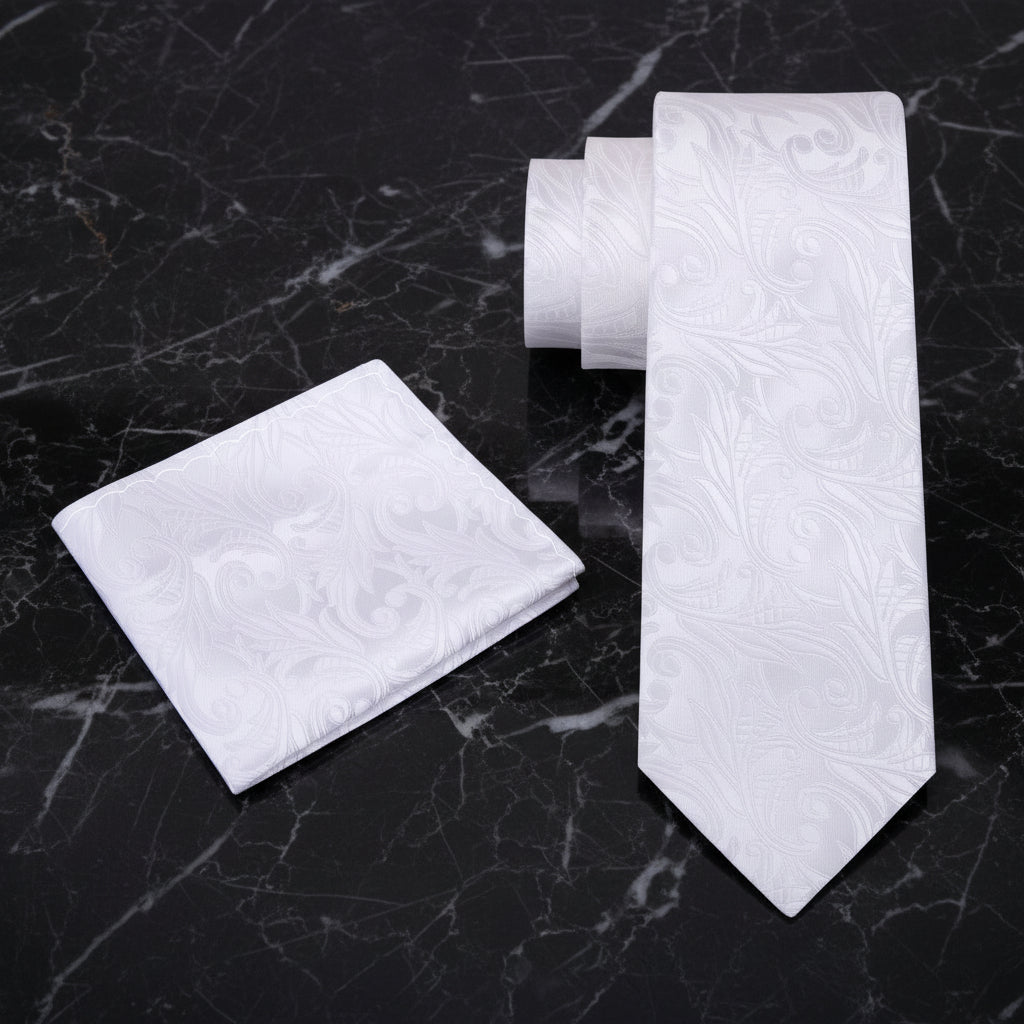 Alt View; A White Floral Pattern Necktie, Matching Pocket Square