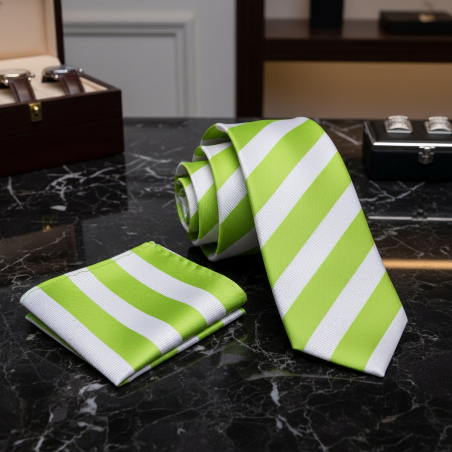 Alt View: A Lime Green, White Stripe Pattern Necktie, Pocket Square