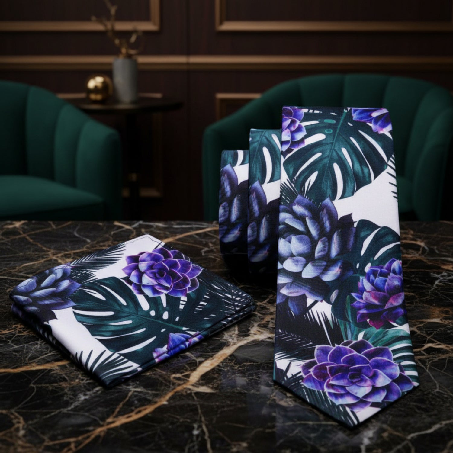 A White, Green, Purple Color Leaf and Flower Pattern Tie Alt view