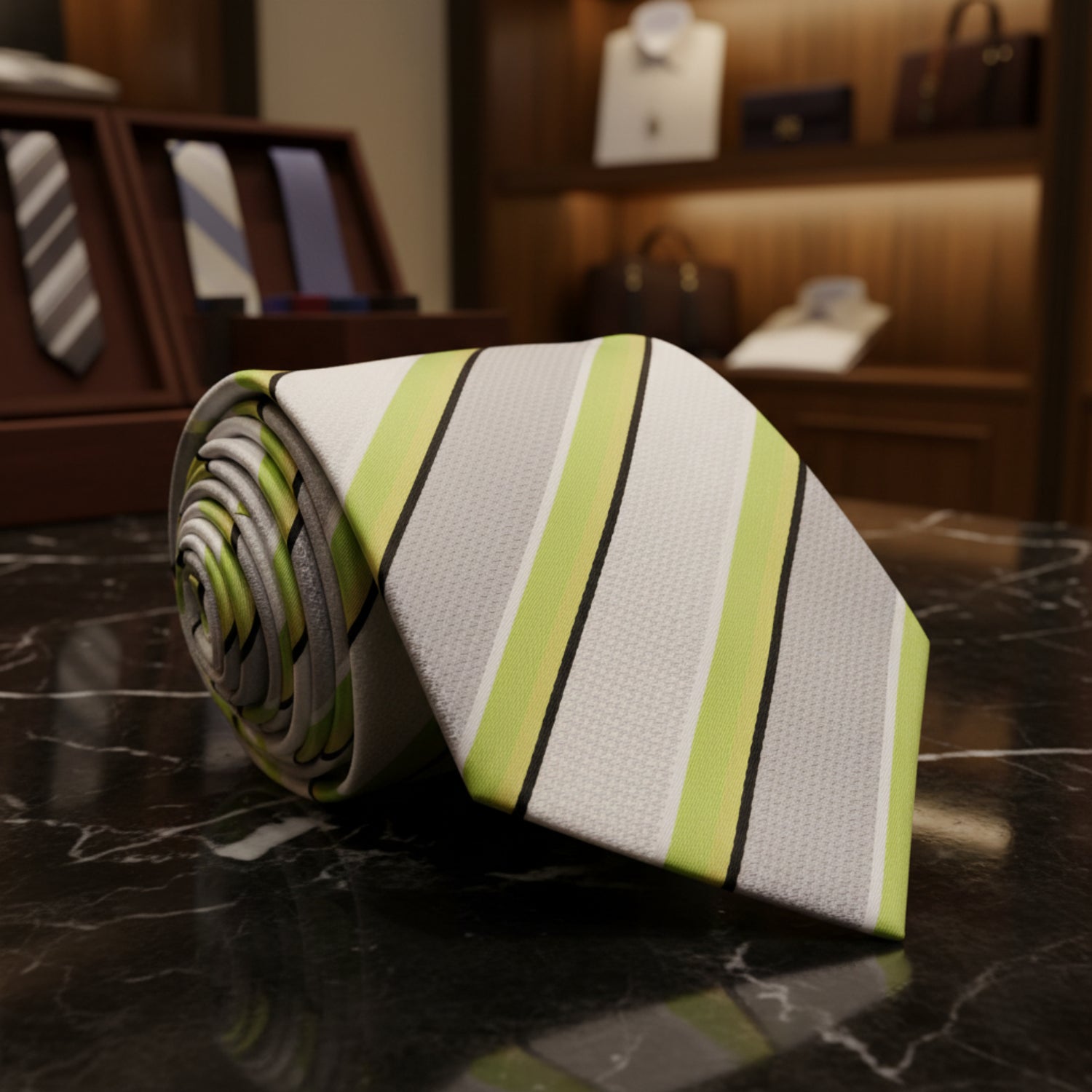 A White, Lime Green Stripe Pattern Necktie, 
