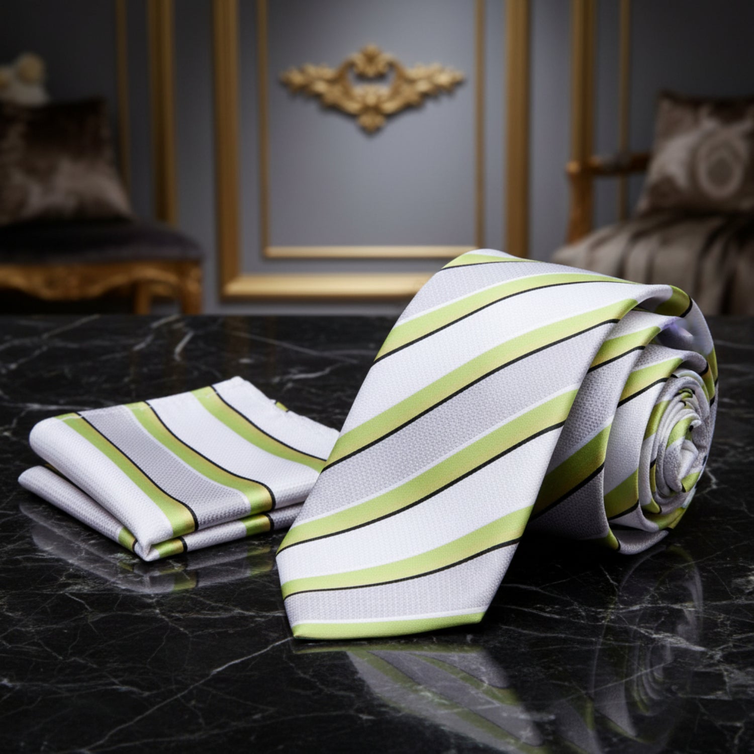 Alt View: A White, Lime Green Stripe Pattern Necktie, With Matching Pocket Square