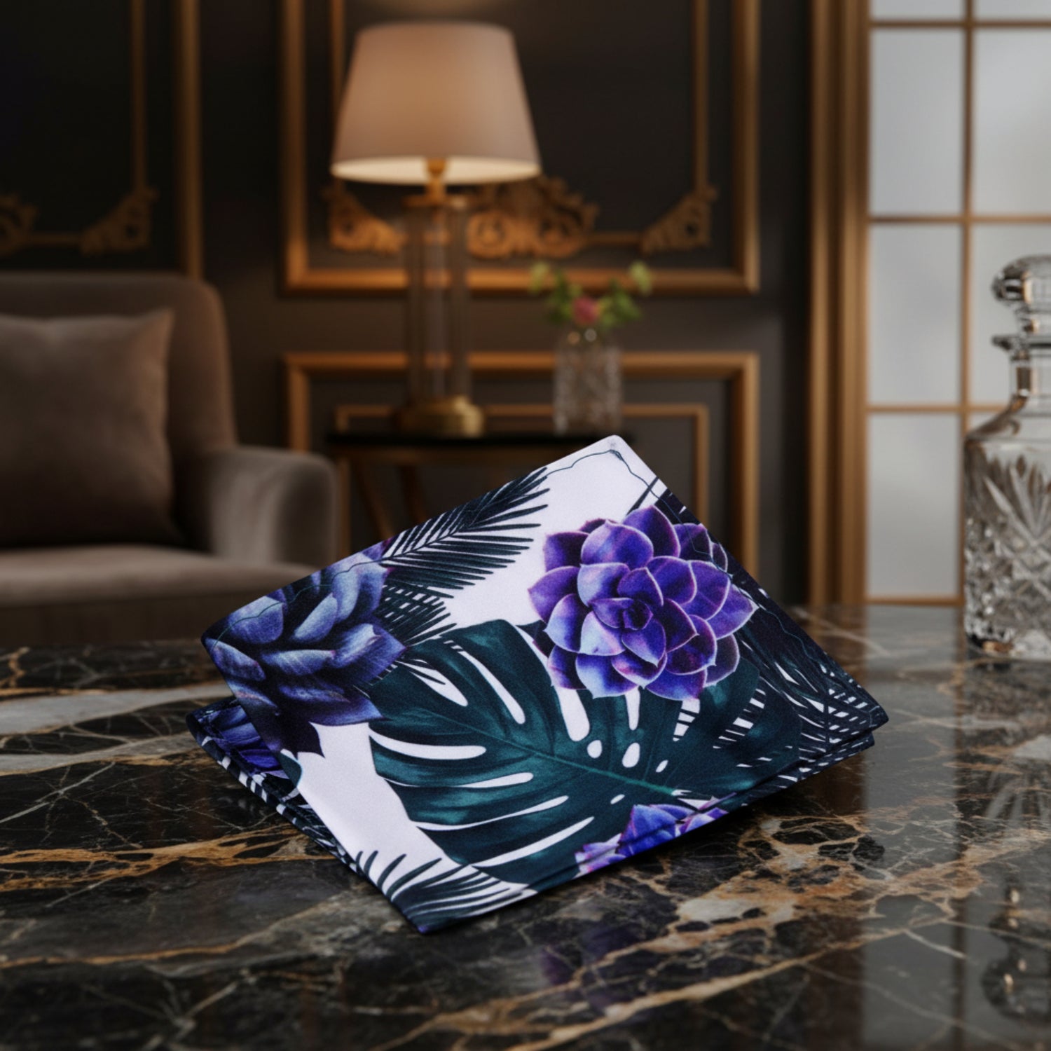 View 2: A White, Tropical Green, Purple Color Abstract Leaves and Palms Pocket Square