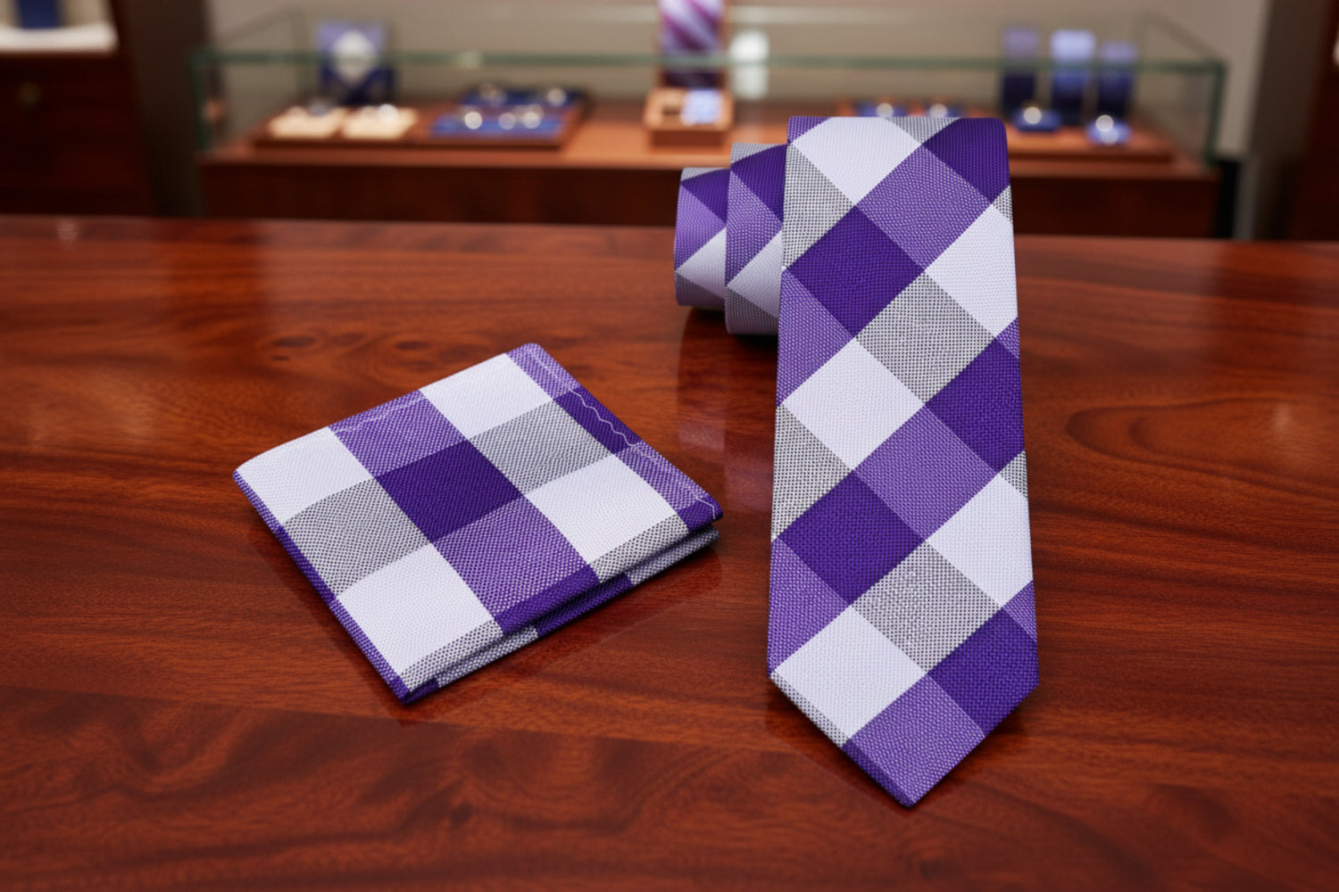 Alt View: A Purple, White Plaid Pattern Necktie, Matching Pocket Square