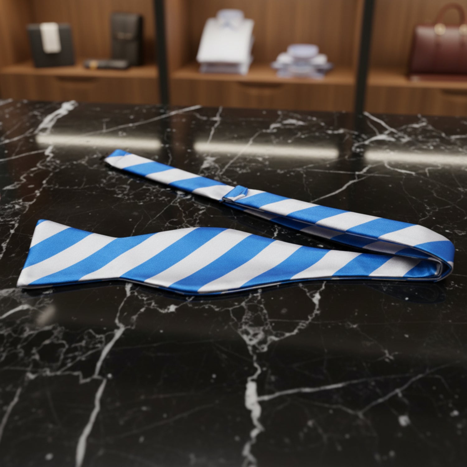 White, Light Blue Block Stripe Self Tie Bow Tie