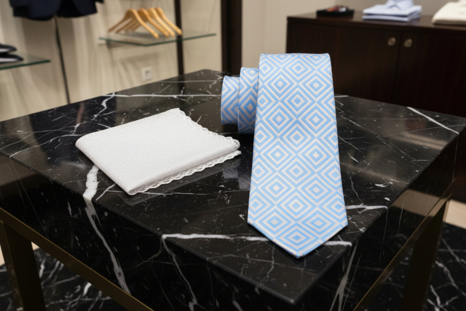Alt View: White, Light Blue Geometric Tie and Shimmer Silver Pocket Square