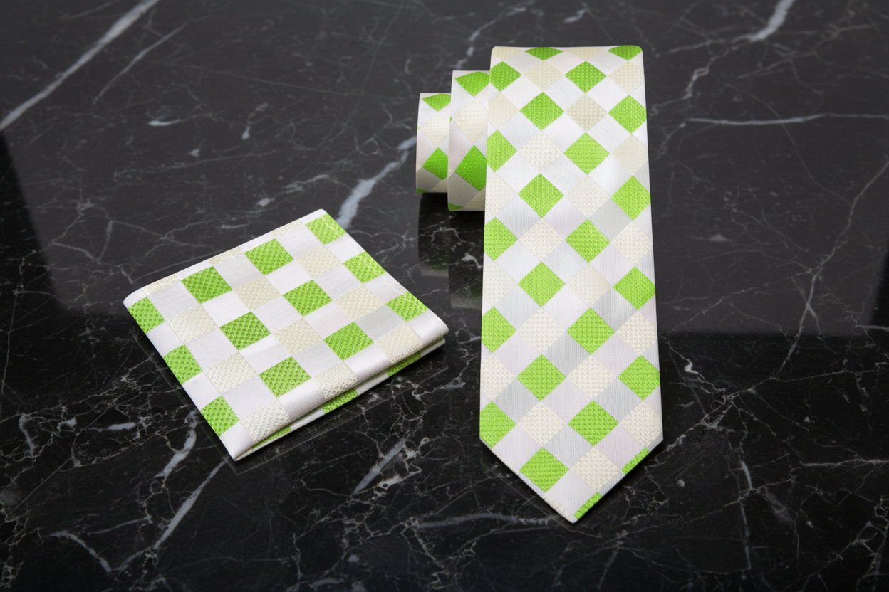 Alt View: A Lime, Light Green Check Pattern Necktie, Matching Pocket Square
