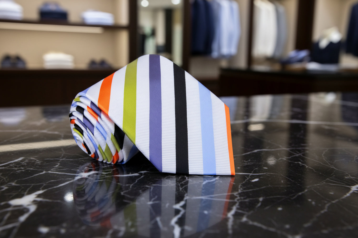 A White, Olive, Orange, Black, Light Blue, Grey Stripe Necktie 