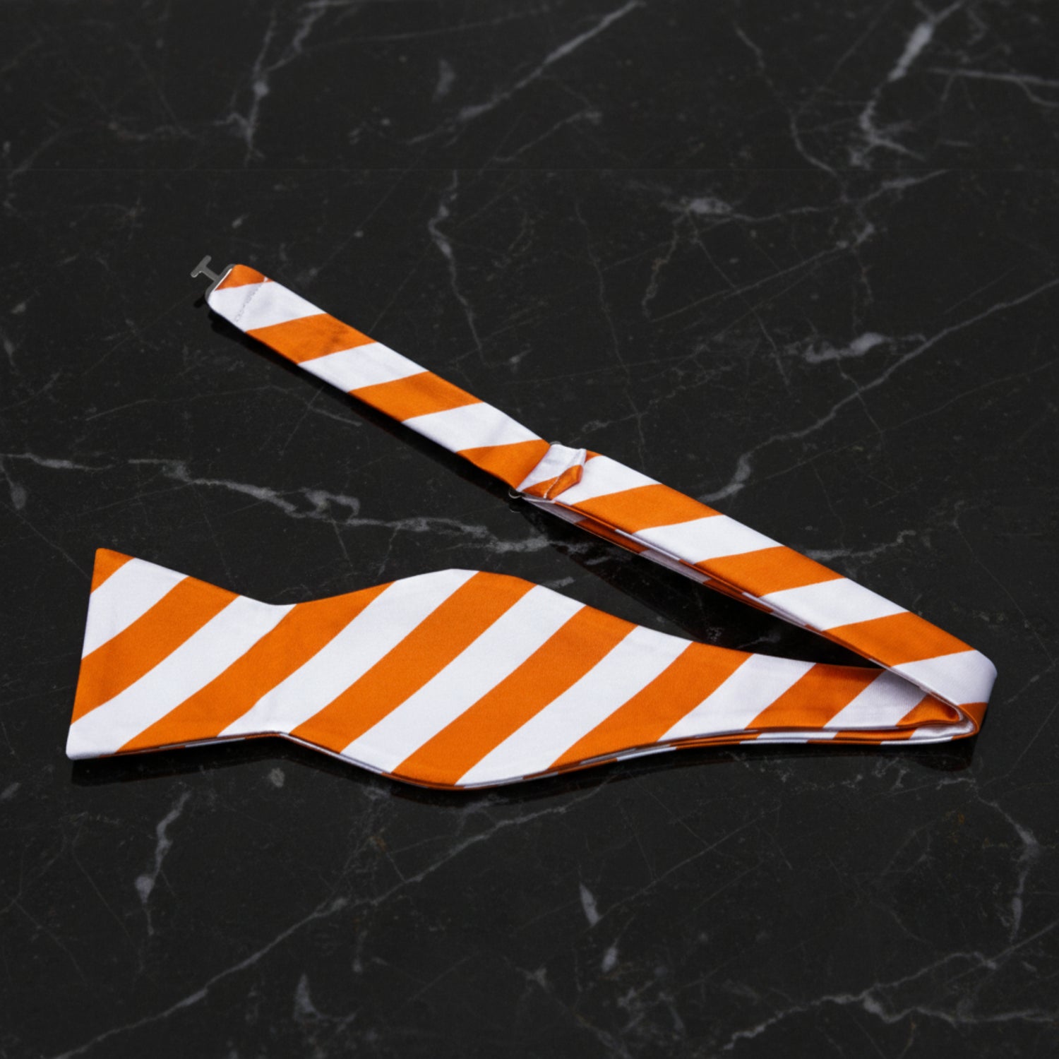 White and orange block stripe self tie bow tie