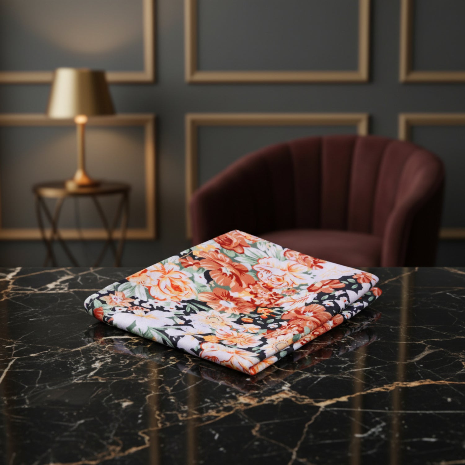 White, Green, Orange Floral Pocket Square