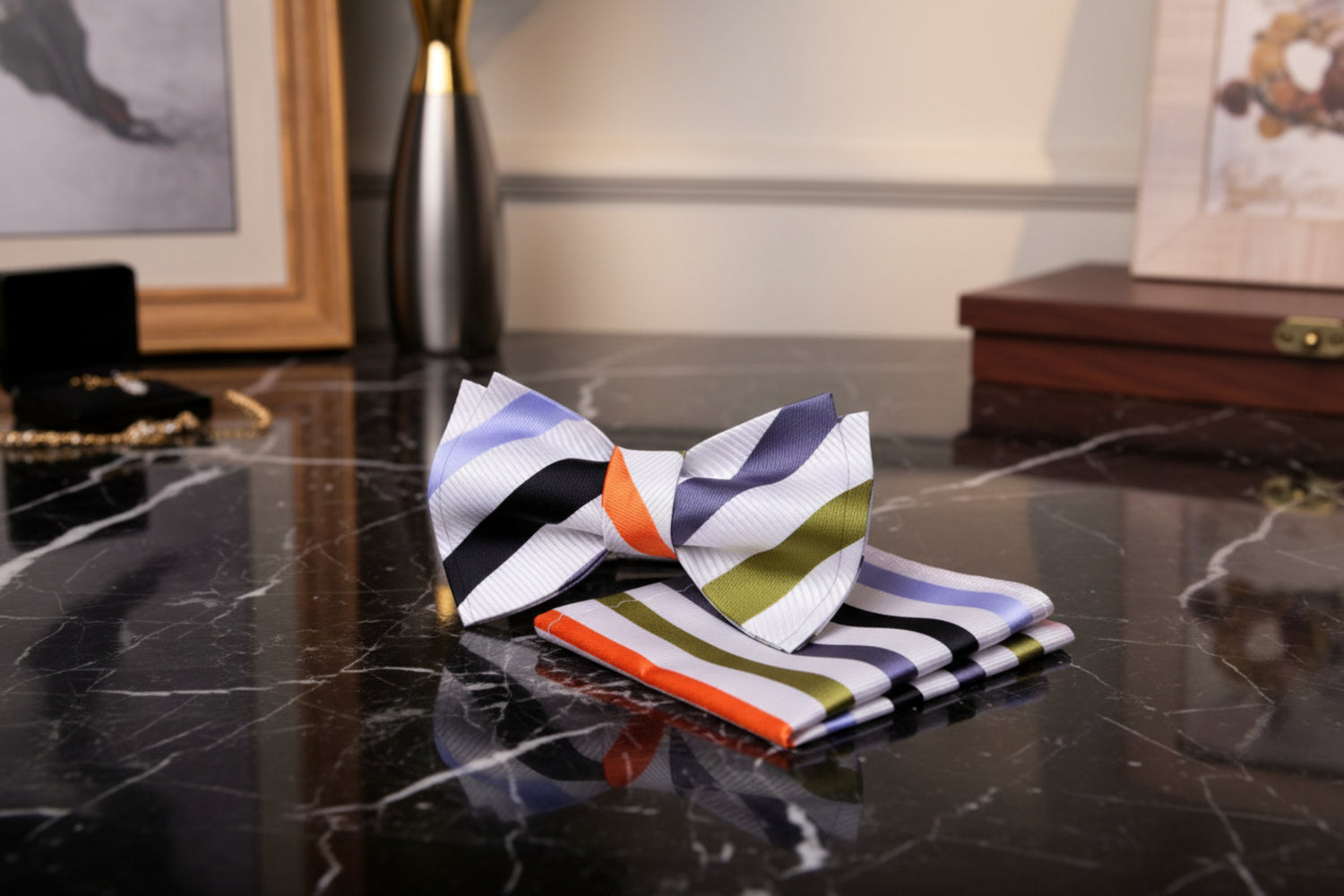 Main View: A White, Orange, Olive, Black Color With Geometric Diamond Pattern Kids Pre-Tied Bow Tie, Matching Pocket Square