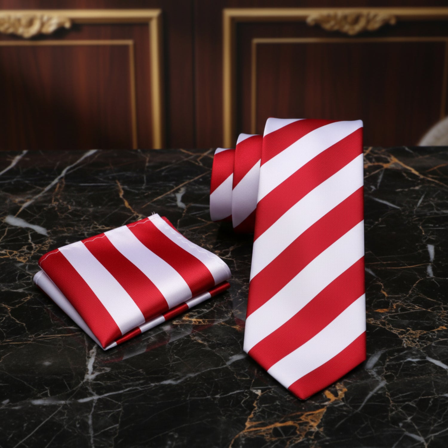 Alt View: White and Red Block Stripe Tie and Pocket Square