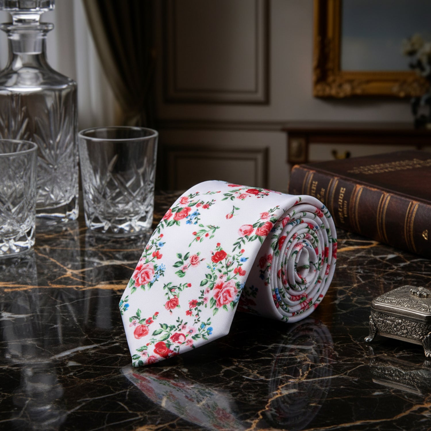 White, Red, Green Roses Tie