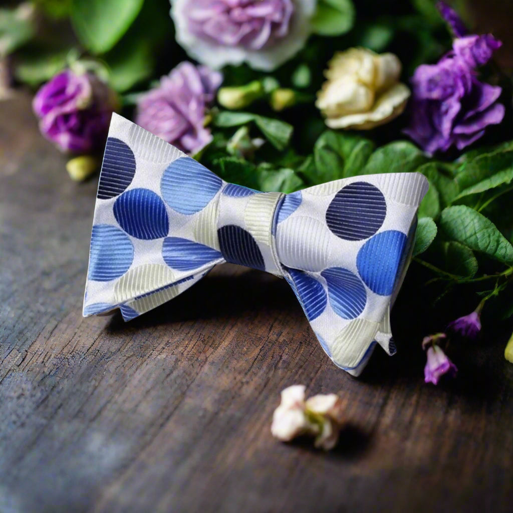 White, Blue Polka Bow Tie 