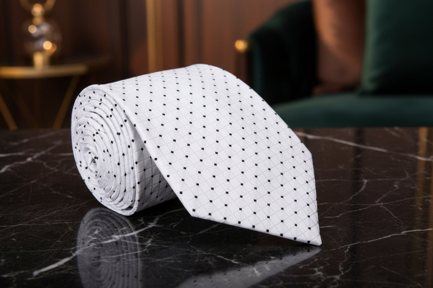 A White With Black Geometric Dots Pattern Necktie 