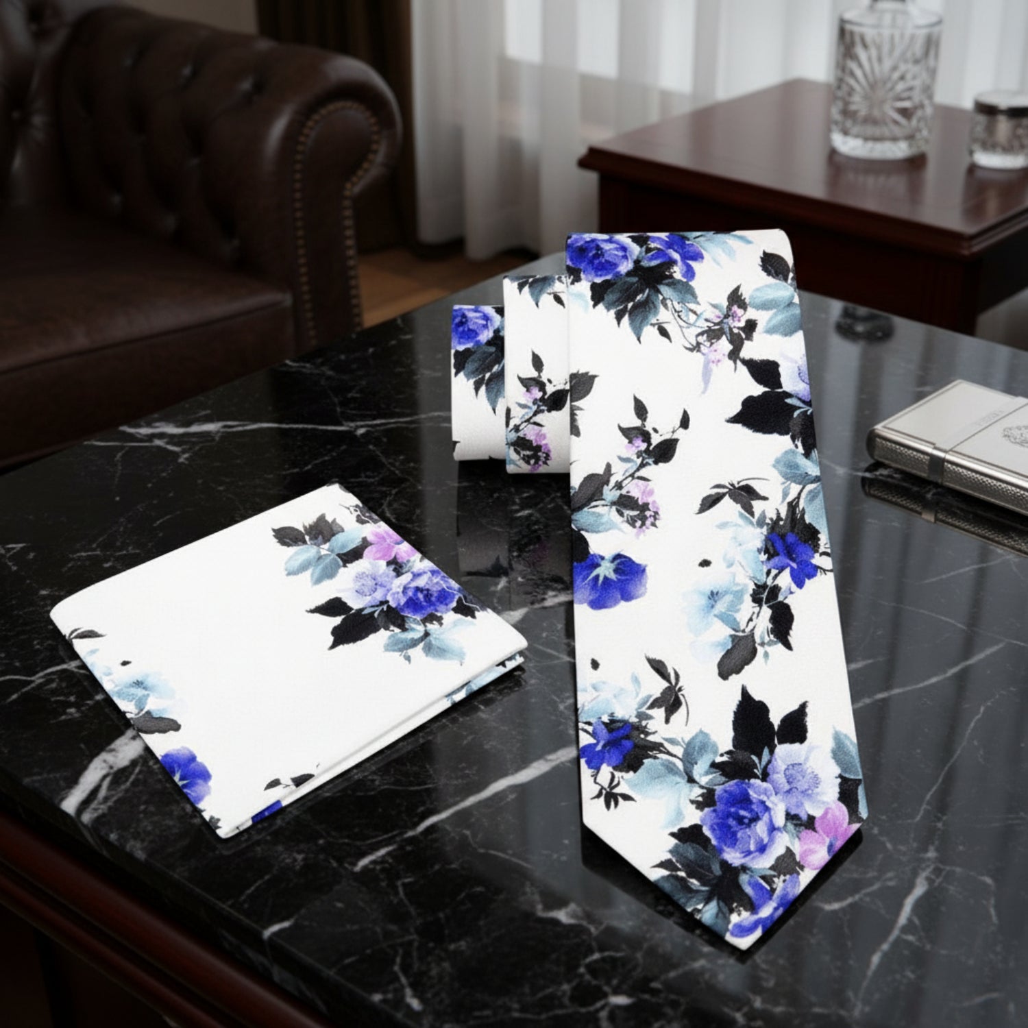 self tie A Ivory Blue, Purple Floral Pattern Necktie With Matching Pocket Square