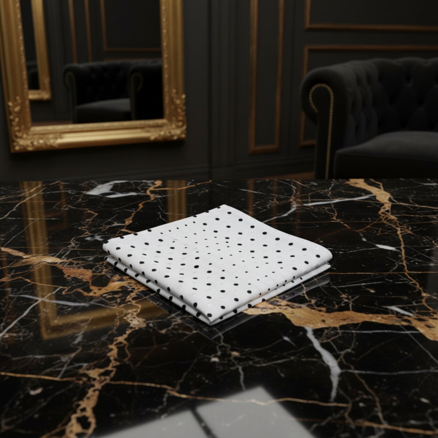 A White, Black Polka Pattern Silk Pocket Square