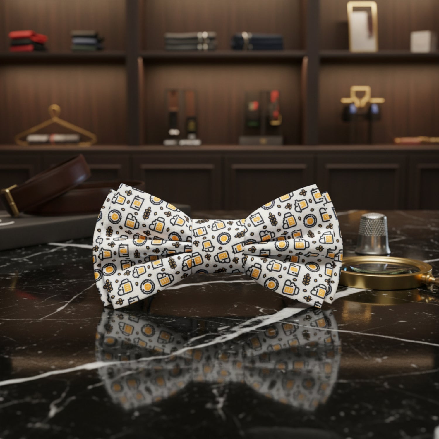 White, Yellow, Black Beer Themed Pre Tied Bow Tie  