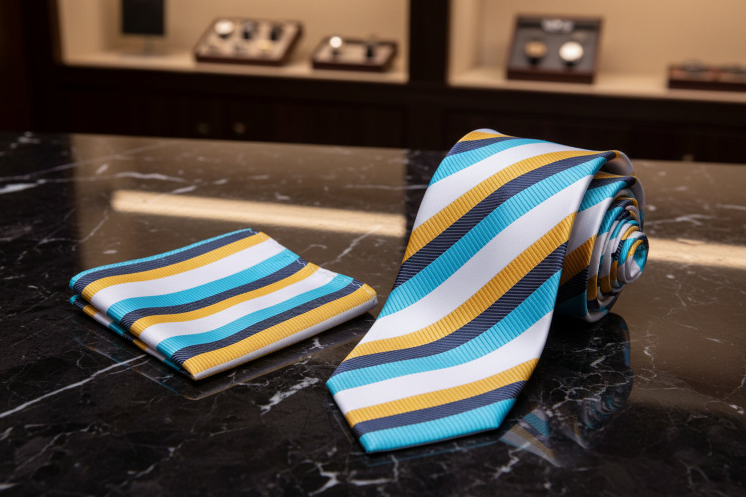 Alt View: A White, Light Blue, Yellow, Blue Stripe Pattern Necktie, Matching Pocket Square