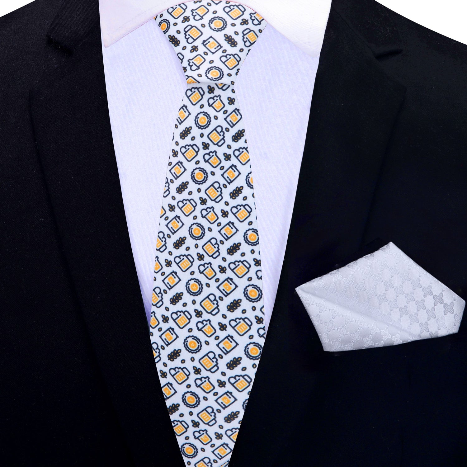 Thin Tie: White, Yellow, Black Beer Themed Tie and Pocket Square