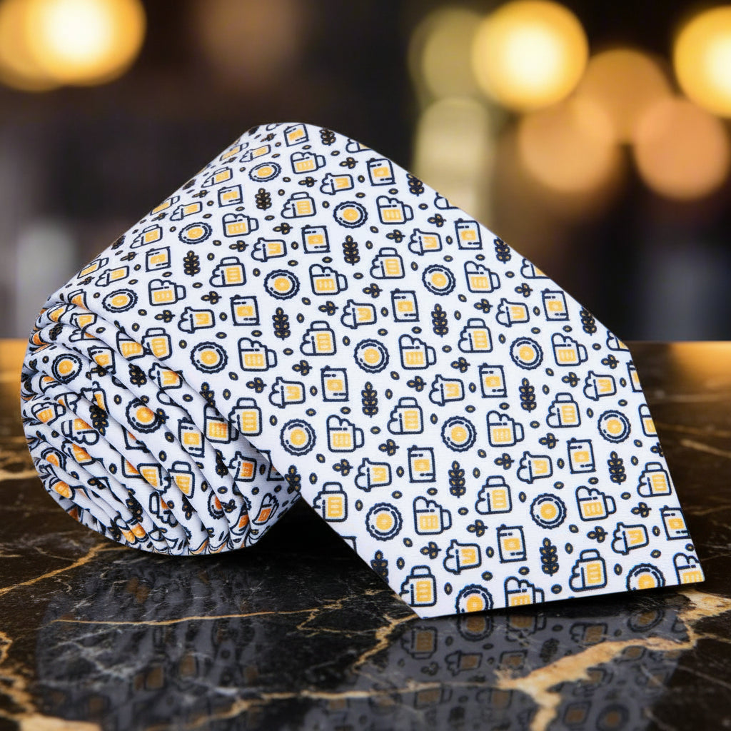 White, Yellow, Black Beer Themed Tie 