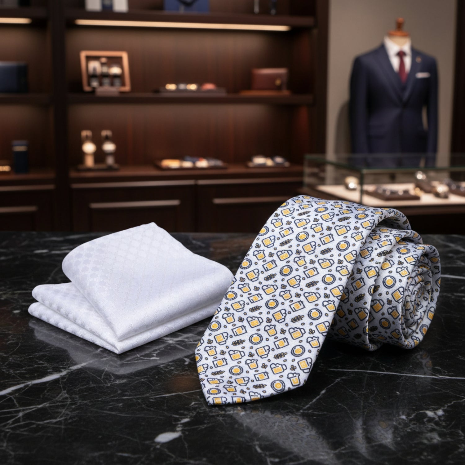 Alt View: White, Yellow, Black Beer Themed Tie and Pocket Square