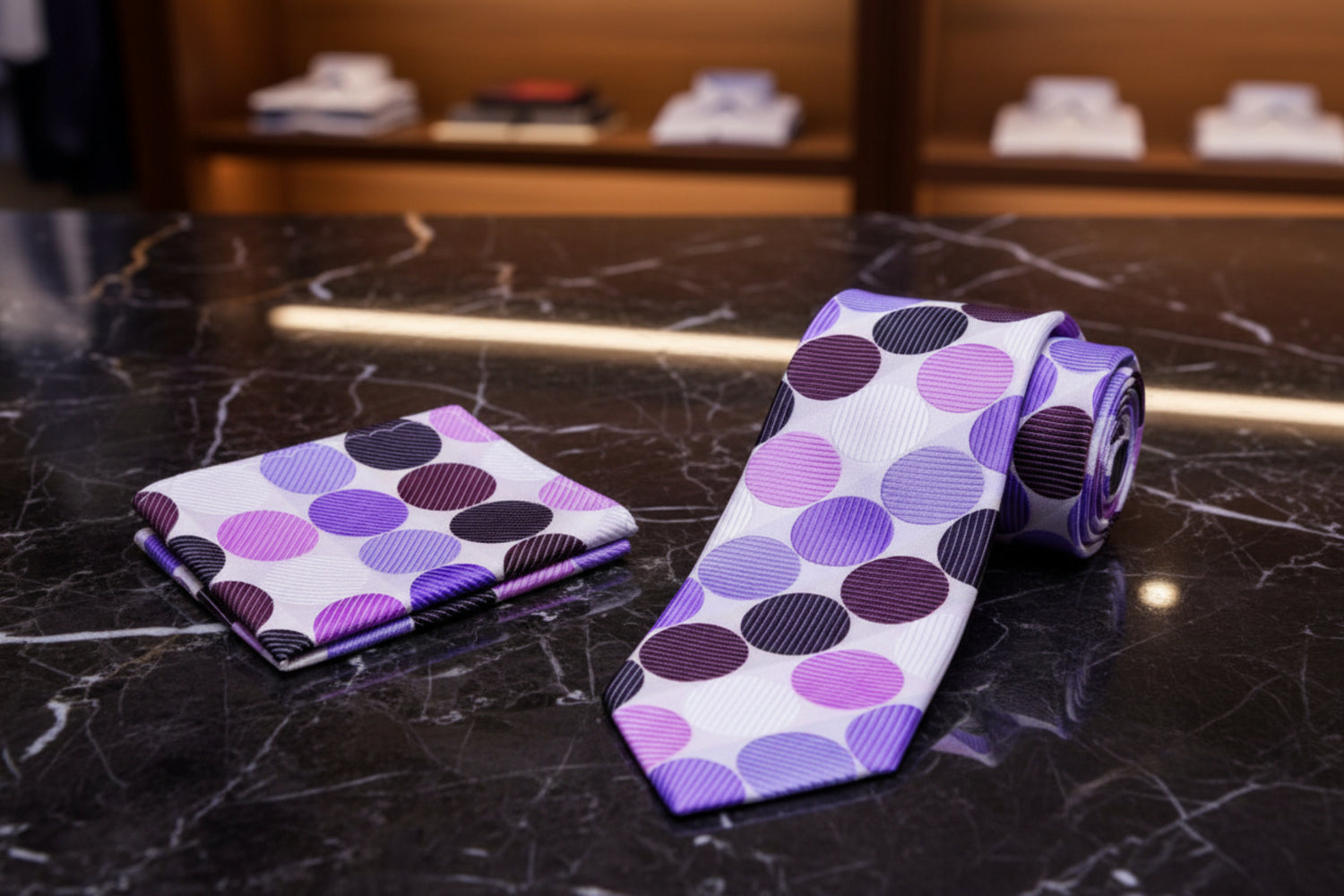 Alt View: A White, Dark Purple, Purple Large Polka Dot Pattern Necktie With Matching Pocket Square