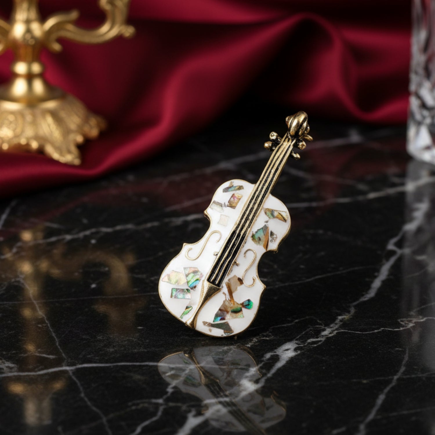 A White With Stones Violin Lapel Pin