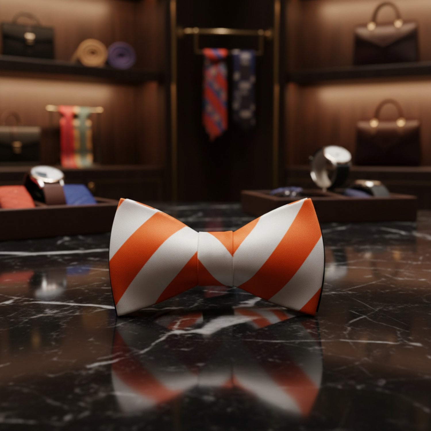 A Orange, White, Blue Stripe Pattern Silk Self Tie Bow Tie, 