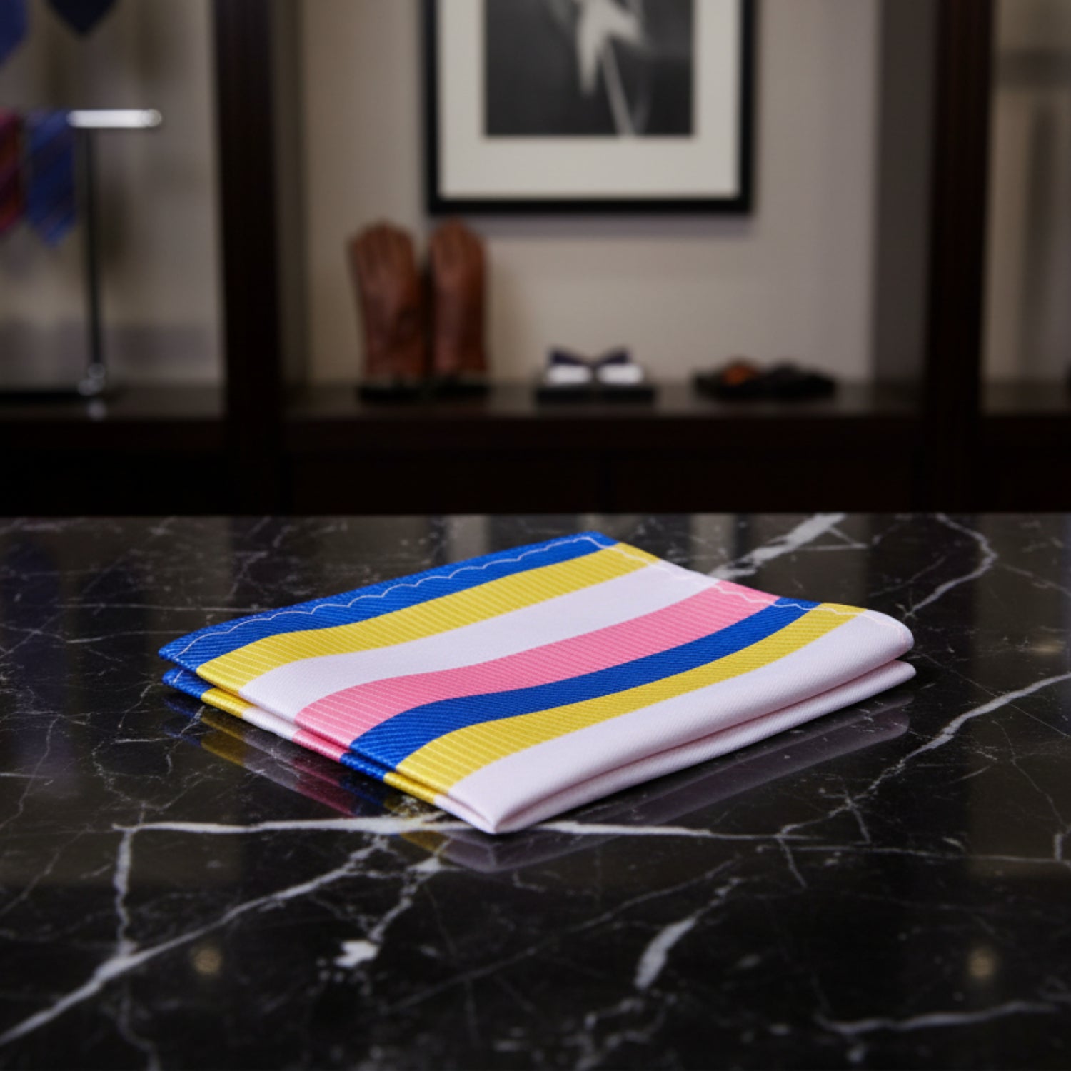 A Pink, Blue, Yellow Stripe Pattern Pocket Square