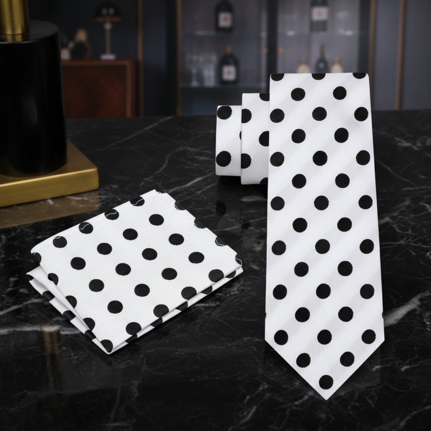 Alt View: A Off-White, Black Polka Dot Pattern Necktie, Matching Pocket Square